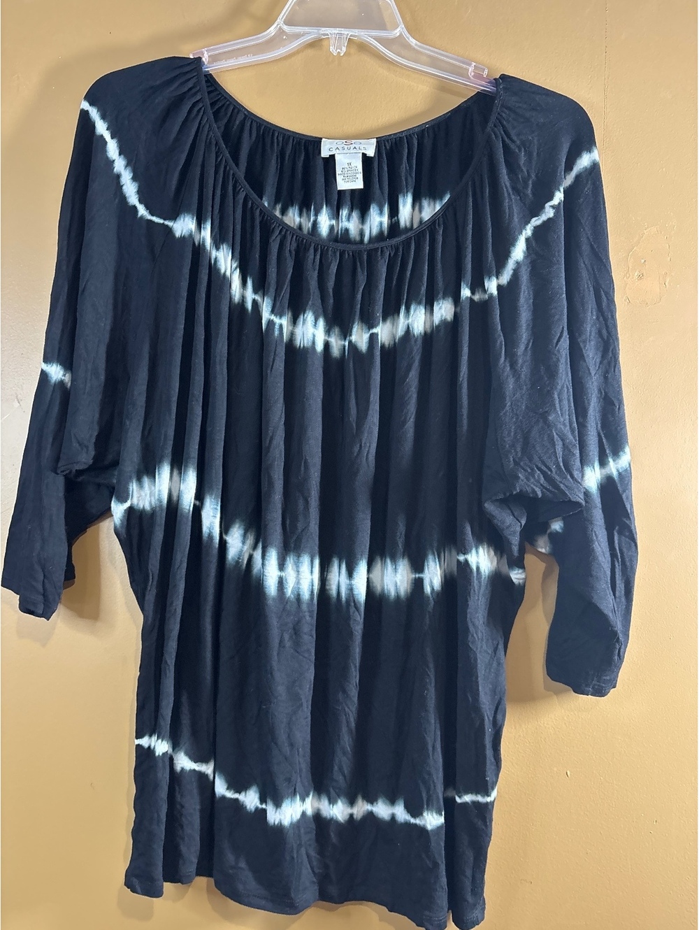 HC1245. oso Casuals Women's Black and White Tie-Dye 3/4 Sleeve Blouse Size 1X